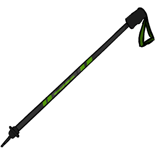 a black ski pole with green stripes and a wrist strap.